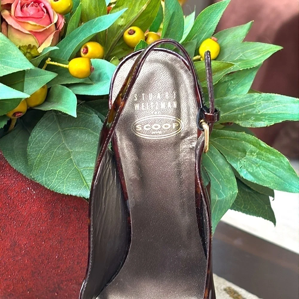 Stuart Weitzman for Scoop NYC Slingback Peep Toe Heels Tortoise Patent Leather